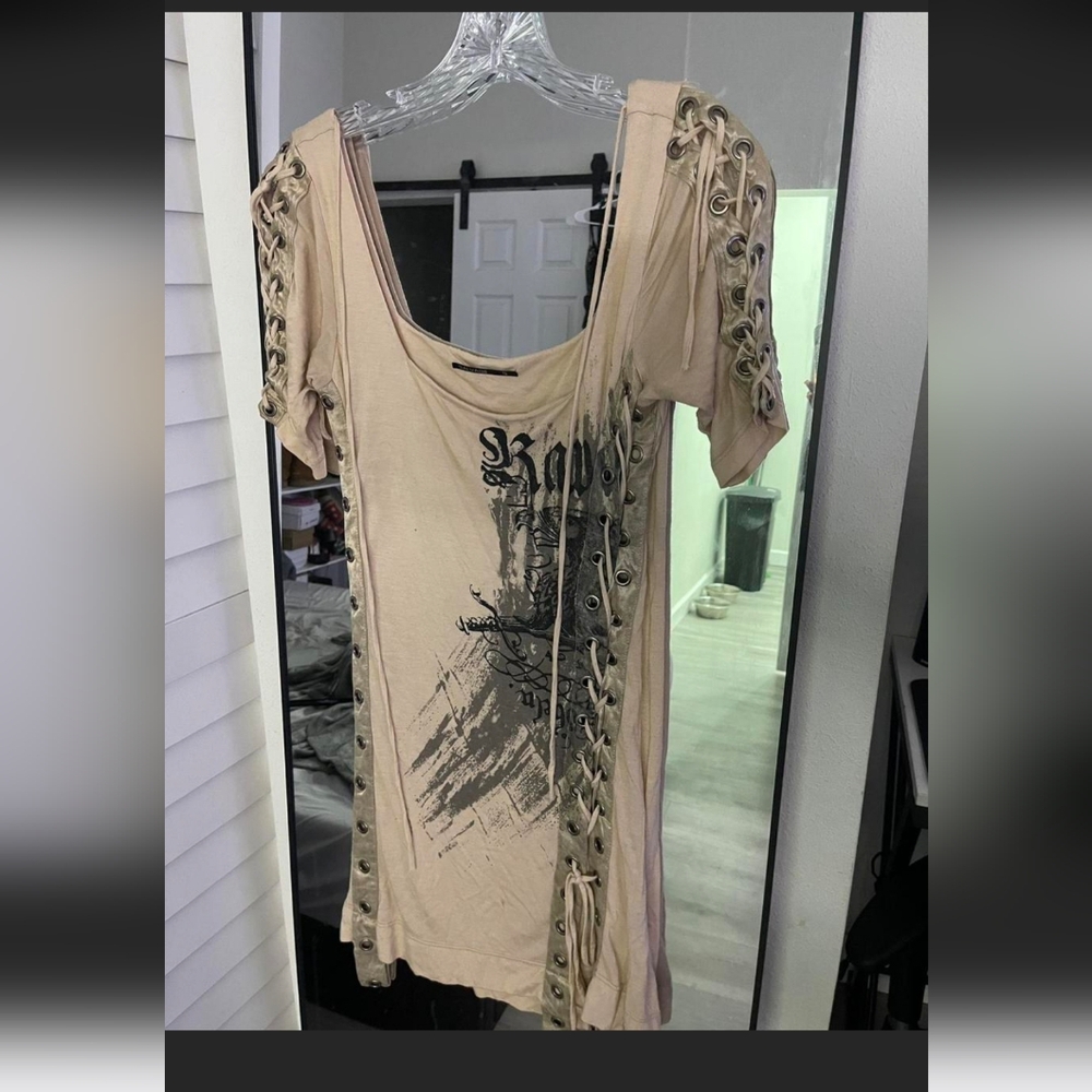Salvage Raven Beige Graphic Lace-Up Dress. S But Clearly Fit M/L